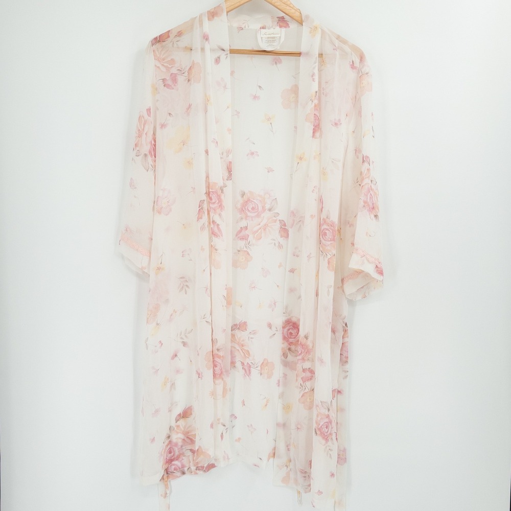 Sheer Floral Robe Women XL Pink Chiffon Romantic Bridal Cottagecore Softcore